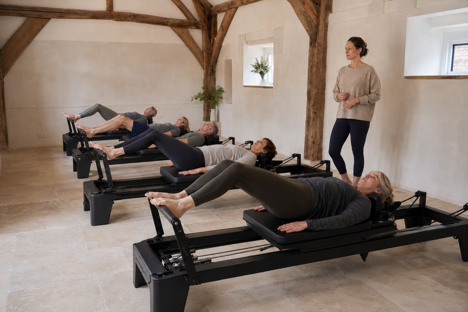 A small-group Reformer Pilates class in a calm barn studio