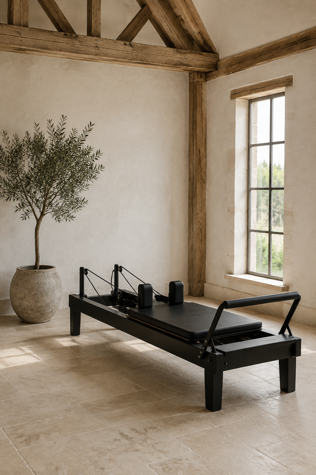 A quiet Reformer Pilates studio corner with soft natural light