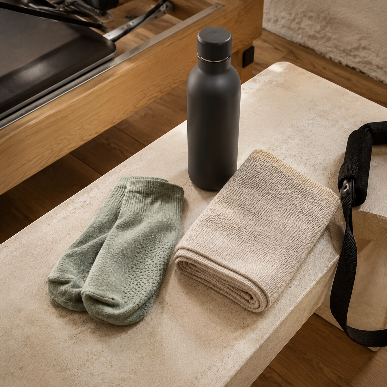 Grip socks, water bottle and towel prepared for a first Reformer Pilates class