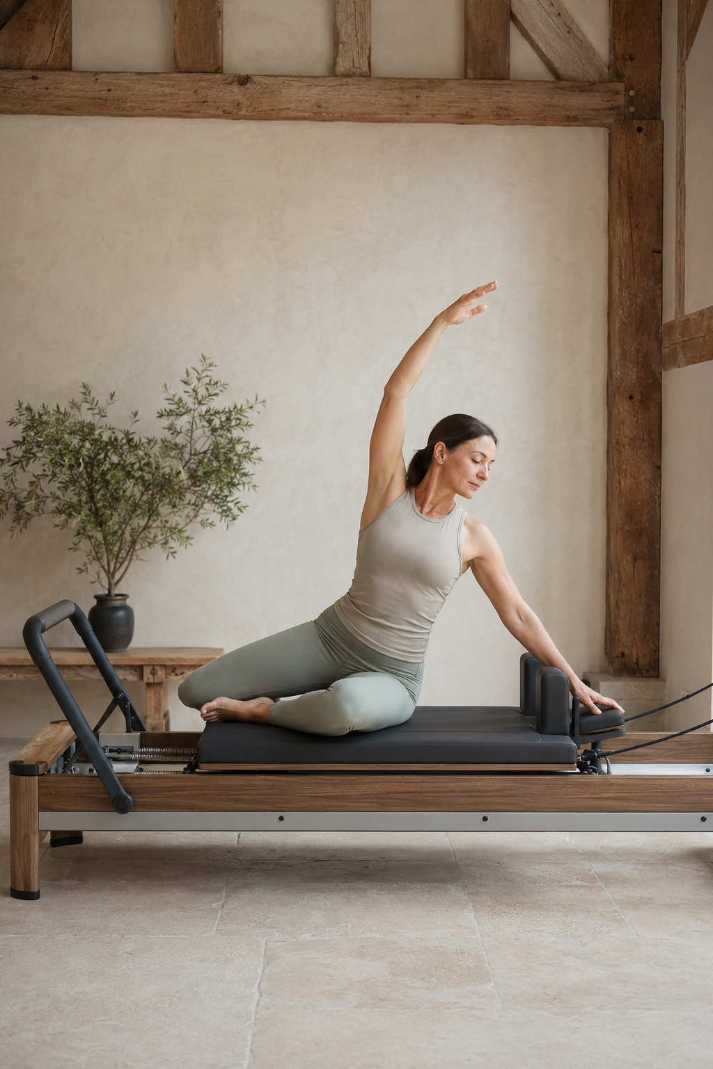 A woman moving through a controlled mermaid stretch on a Pilates reformer